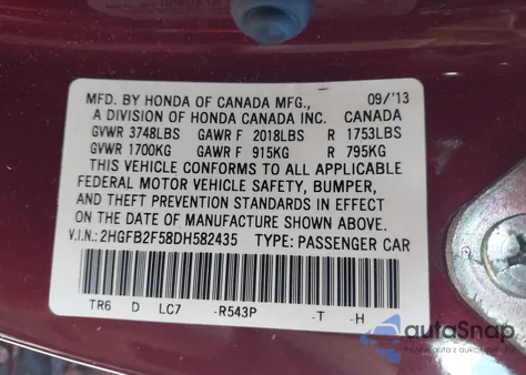 2013 Honda Civic Lx z USA, uszkodzony, nr VIN 2HGFB2F58DH582435